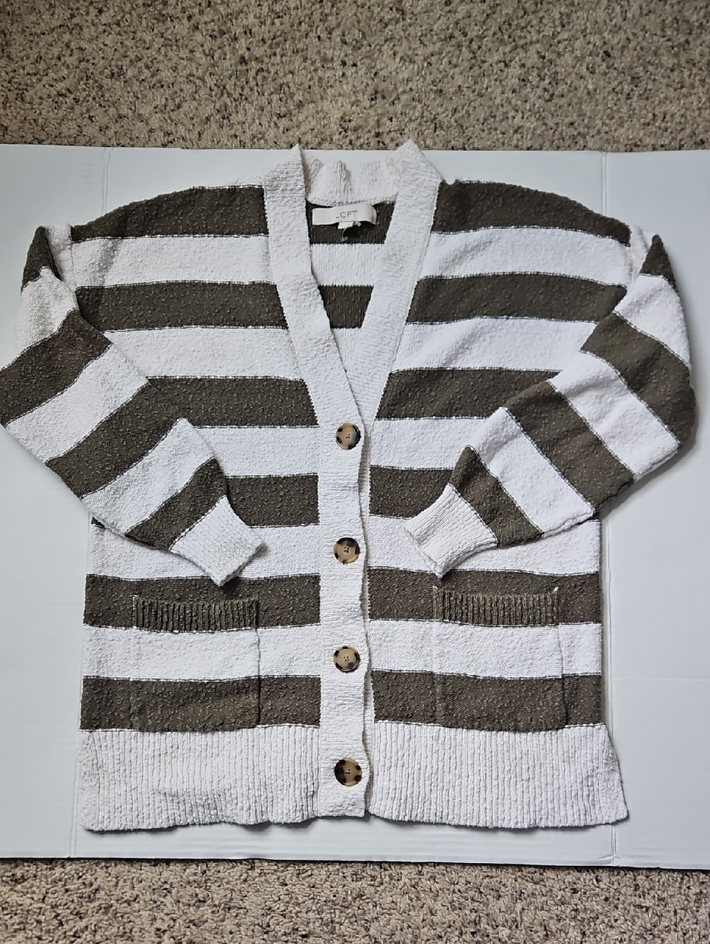 LOFT Striped Button-Front Cardigan - White & Olive